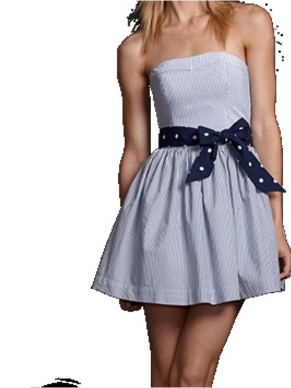 Vintage Hollister Navy and White Striped Strapless Dress with Polka Dot Sash